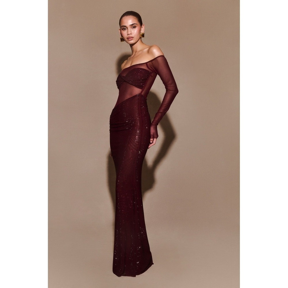 MESHKI Nash Diamante Off Shoulder Maxi Dress Mahogany Size XXS